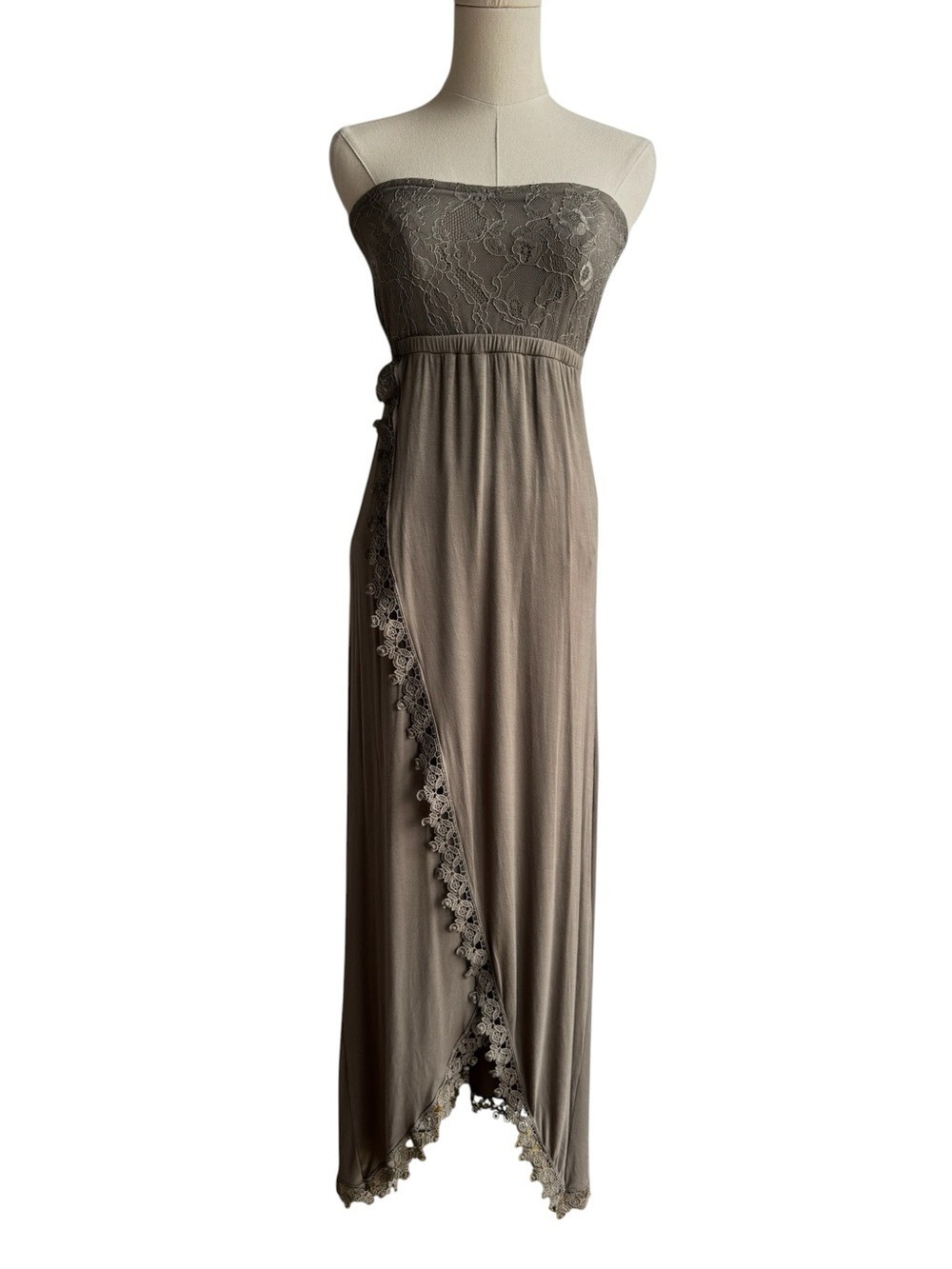 La Scana Tube Top Maxi Dress Sz M Olive Green Stretch Boho High Low Strapless